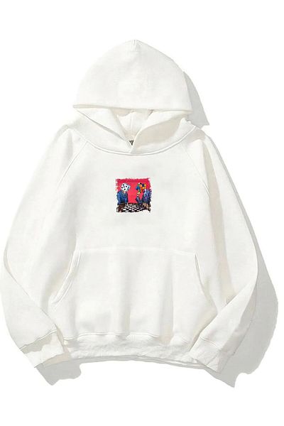The Champ Clothing Λευκό Unisex Oversize φούτερ με κουκούλα Fleece με στάμπα με κουκούλα