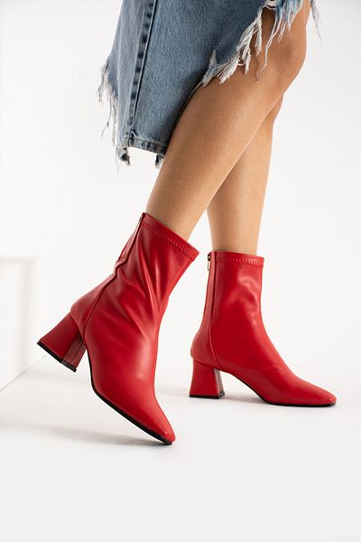 FSKOMBİN Vista Stretch Red Leather Women's Heeled Boots