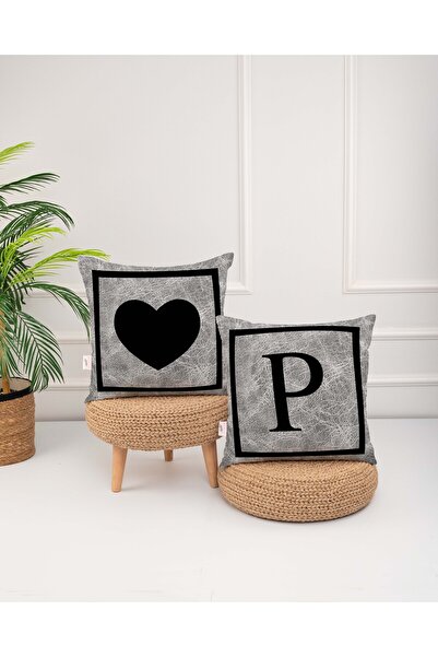 menesahome Сірий чохол для подушки з чорним серцем і літерою P, з цифровим пр...