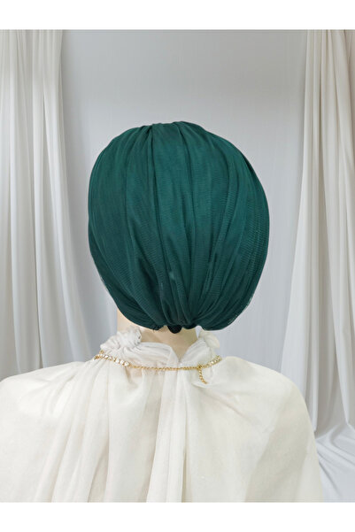 NurAy Gri Aksesuarlı Zümrüt Yeşili Sevda Model Hazır Türban Hazır Şal Abiye Şal Bone