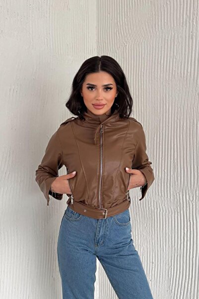 Deafox Καφέ μπουφάν από συνθετικό δέρμα με ζώνη και φερμουάρ