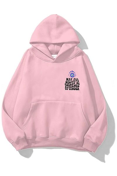 The Champ Clothing Hanorac unisex roz cu glugă și gene din lână imprimate cu mărgele de ochi rău