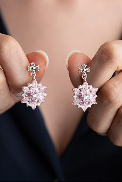 Silvano Jewelry 925 Ayar Gümüş Pembe Oval Taşlı Lotus Küpe