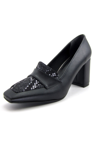 Erkan Saçmacı Della Black Snake Square Toe Thick Heeled Classic Shoes