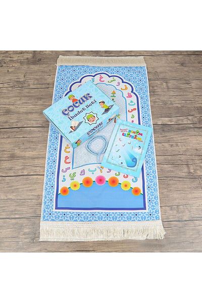 Asyabayrak Set Rugăciune Covor De Rugăciune Și Carte Educațională pentru Copii - Albastru 45x82 Cm - 110 gr - Rozariu