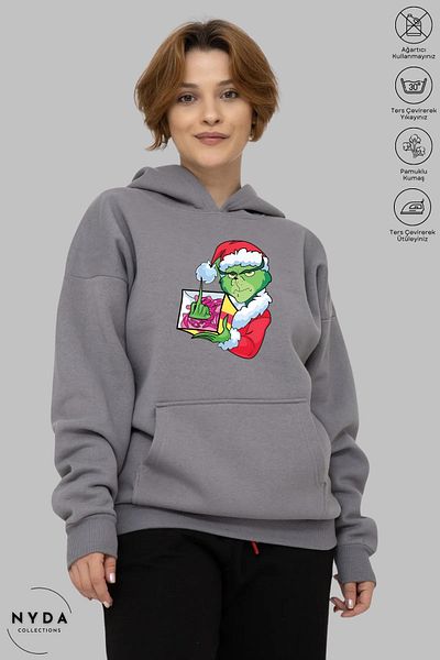 Nyda Collections Голяма памучна суичърка с качулка и качулка с щампа за Коледа и Нова година на Grinch