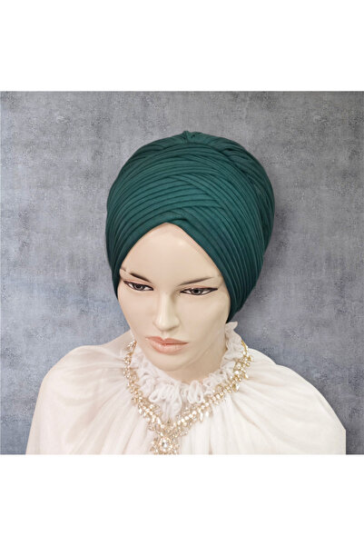 NurAy Gri Aksesuarlı Zümrüt Yeşili Sevda Model Hazır Türban Hazır Şal Abiye Şal Bone