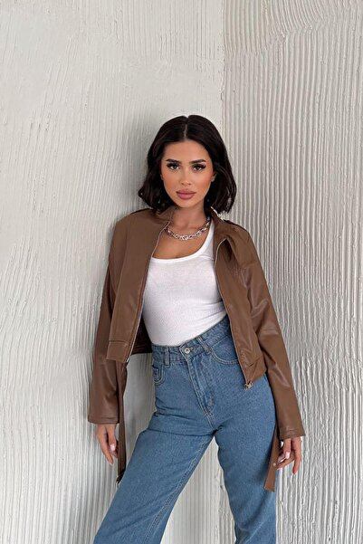 Deafox Καφέ μπουφάν από συνθετικό δέρμα με ζώνη και φερμουάρ