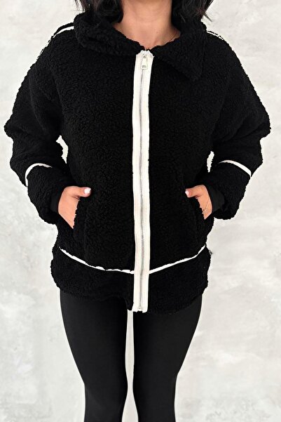 Deafox Siyah Astarlı Fermuar Detaylı Kuzu Mont