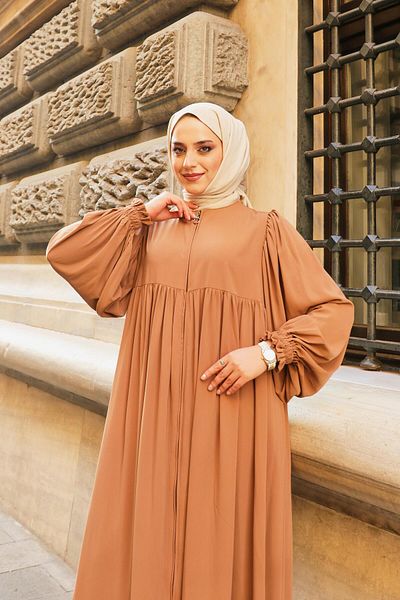 Berel Moda Roba Detailed Balloon Sleeves Flowing Ponch Ferace Camel