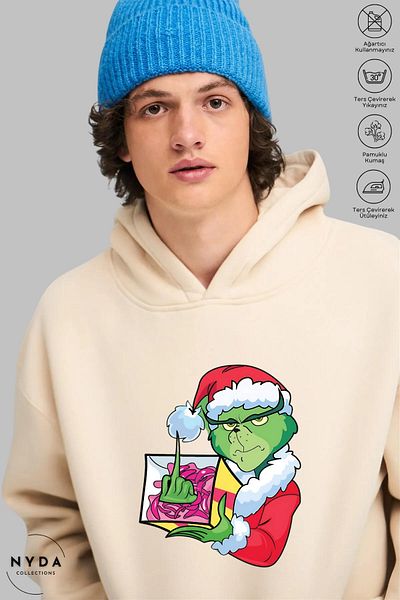 Nyda Collections Grinch Χριστουγεννιάτικη Πρωτοχρονιά με στάμπα Unisex με κουκούλα Oversize βαμβακερή κουκούλα