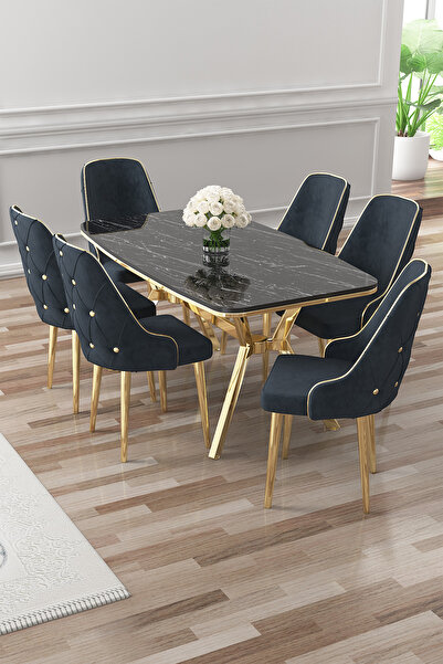 Canisa Asel Serisi 90x160 Lak Panel Siyah Mermer Desen Gold Detay Masa Takımı ve 6 Antrasit Sandalye