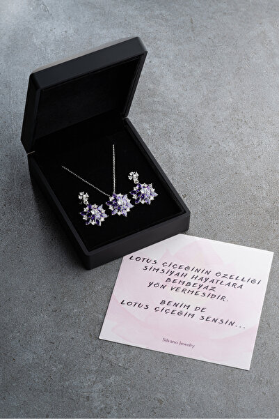 Silvano Jewelry 925 Ayar gümüş Işıklı Kutu Mor Oval Taşlı Takı (Kolye-Küpe) Seti