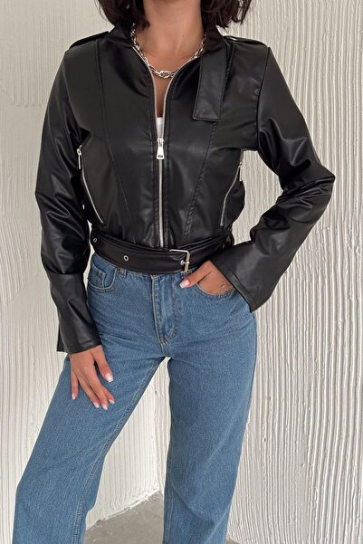 Deafox Siyah Kemerli Ve Fermuarlı Suni Deri Ceket
