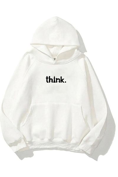 The Champ Clothing Think Printed White Unisex Oversize φούτερ με κουκούλα