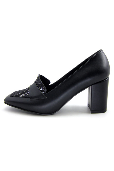 Erkan Saçmacı Della Black Snake Square Toe Thick Heeled Classic Shoes