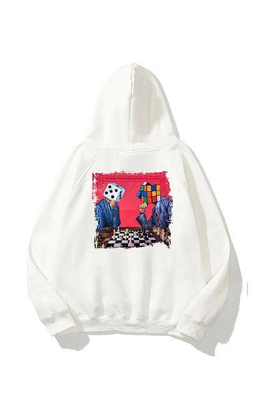 The Champ Clothing Λευκό Unisex Oversize φούτερ με κουκούλα Fleece με στάμπα με κουκούλα