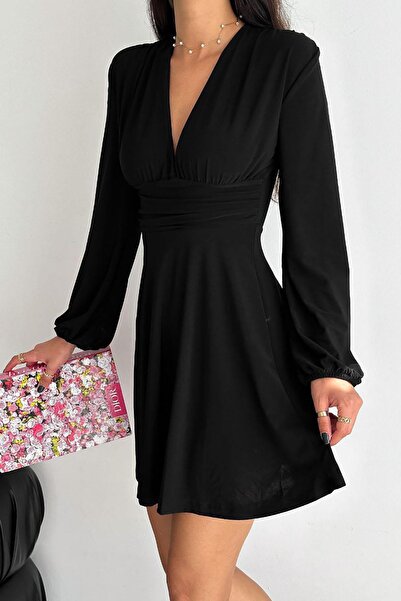 Deafox Černé Sandy šaty s dlouhým rukávem a výstřihem do V