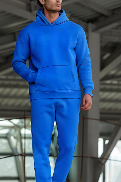 ruNadeS Ανδρικό σετ αθλητικής φόρμας με ράστερ, χαλαρή εφαρμογή, τσέπη καγκουρό και ελαστικά πόδια - Walking