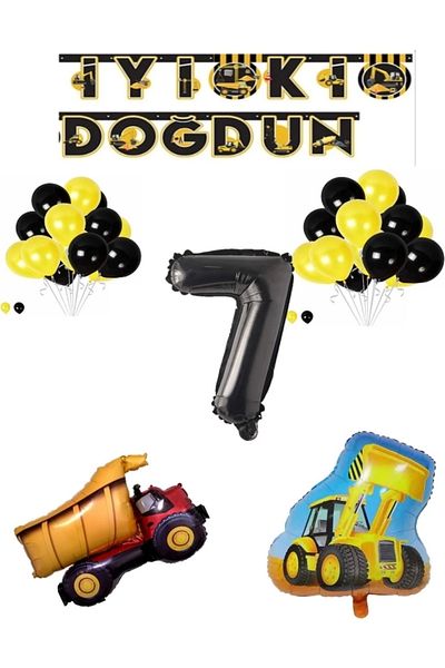 Papatya Süs Evi Age 7 Construction Themed - Birthday Banner, Truck and Scoop Shaped Black Balloon Set
