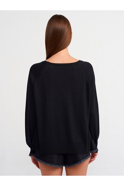 Dilvin Crew Neck Glitter Basic Thin Knitwear Sweater-Black