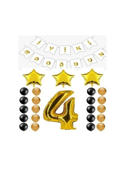 Papatya Süs Evi Gold Color Birthday Party Set for 4 Years Old with Happy Birthday Written