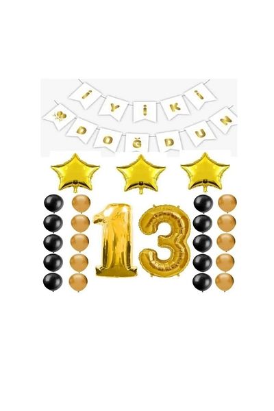Papatya Süs Evi 13 Years Old Happy Birthday Written Gold Color Birthday Party Set