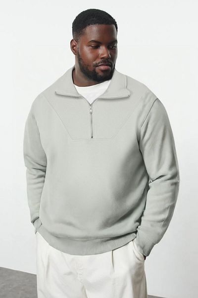 Trendyol Collection Gray Oversize Camisole Collar Zippered Large Size Sweatshirt - Tmnaw25Ao00048