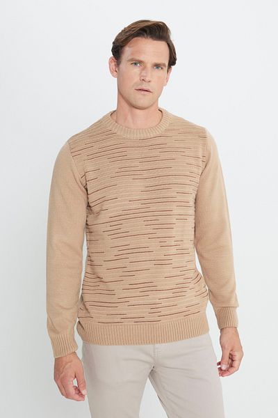 ALTINYILDIZ CLASSICS Πλεκτό πουλόβερ ανδρικό μπεζ-τουβλάκι Standard Fit Normal Cut Crew Neck με ανάγλυφο σχέδιο