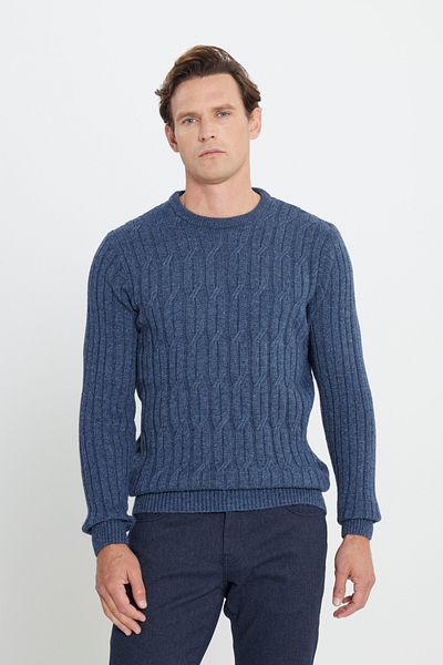 AC&Co / Altınyıldız Classics Pulover pentru bărbați, albastru, din lână, cu croială obișnuită, cu decolteu, jacquard