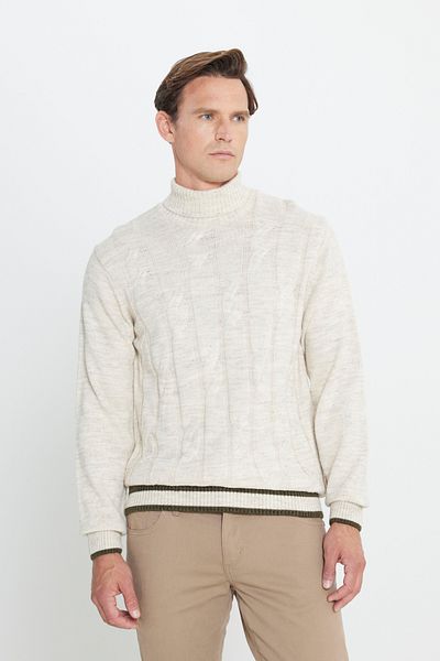 AC&Co / Altınyıldız Classics Hellbeiger Herrenpullover aus Jacquard-Strickpullover in Standard-Passform mit normalem Schnitt und durchgehendem Rollkragen