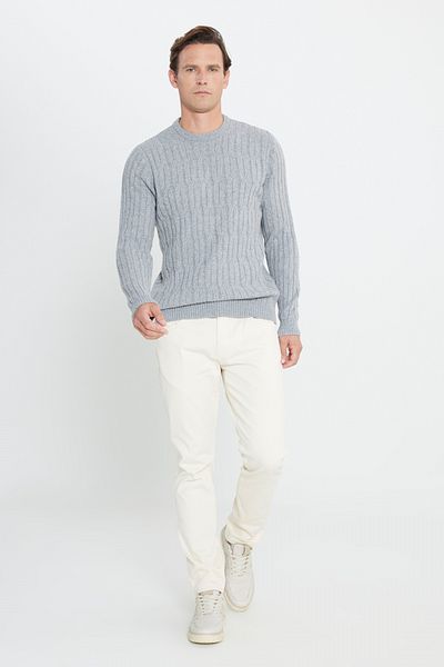 AC&Co / Altınyıldız Classics Men's Light Gray Wool Standard Fit Regular Cut Crew Neck Jacquard Knitwear Sweater