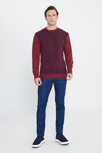 AC&Co / Altınyıldız Classics Men's Burgundy-navy blue Standard Fit Regular Cut Crew Neck Honeycomb Patterned Knitwear Sweater