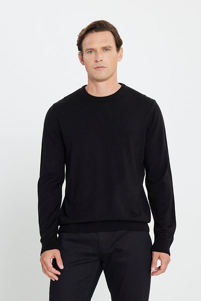 ALTINYILDIZ CLASSICS Schwarzer Anti-Pilling-Strickpullover für Herren – Rundhalsausschnitt, Standard Fit