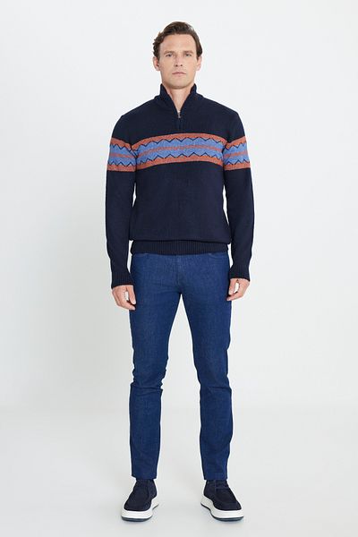 AC&Co / Altınyıldız Classics Men's Navy Blue-Orange Standard Fit Normal Cut Stand Collar Woolen Rosette Soft Textured Knitwear Sweater