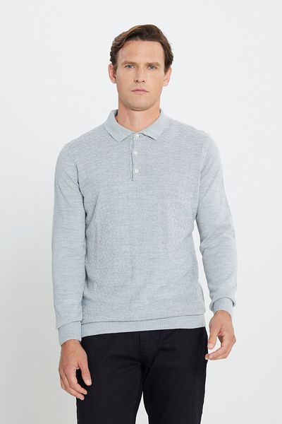 ALTINYILDIZ CLASSICS Grauer Jacquard-Strickpullover mit Polokragen in normaler Passform und normaler Passform für Herren in Grau