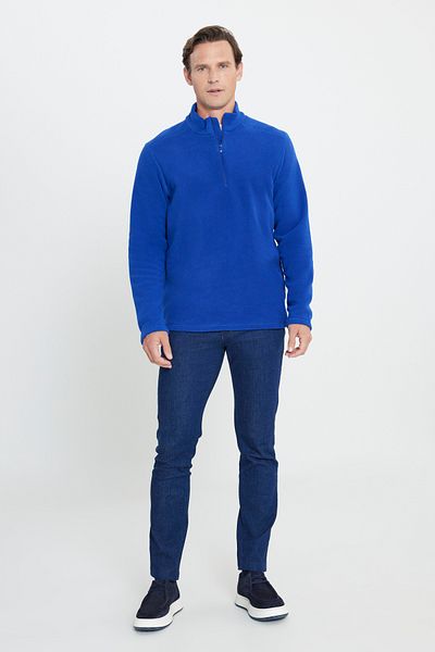 AC&Co / Altınyıldız Classics Saks Blue Anti-Pilling Non-Pilling Hitzeschützendes Standard-Fit-Fleece-Sweatshirt mit Stehkragen für Herren