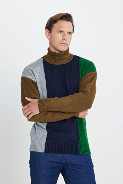AC&Co / Altınyıldız Classics Men's Khaki-navy blue Oversize Fit Loose Cut Full Turtleneck Soft Textured Knitwear Sweater