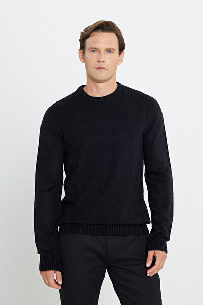 AC&Co / Altınyıldız Classics Pulover pentru bărbați, negru, cu croială standard, cu decolteu obișnuit, tricotaj Jacquard