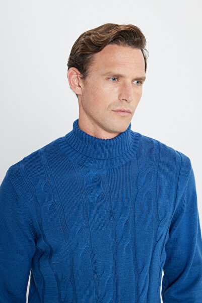 AC&Co / Altınyıldız Classics Férfi Aviator Blue Standard Fit normál szabású teljes garbós jacquard kötött pulóver