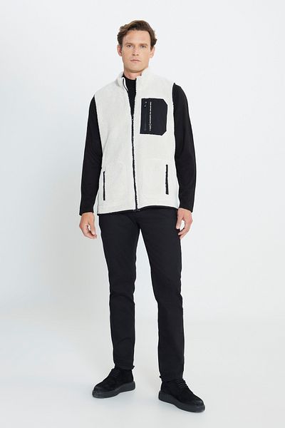 AC&Co / Altınyıldız Classics Beige Sherpa-Fleece-Weste für Herren mit normaler Passform und Stehkragen