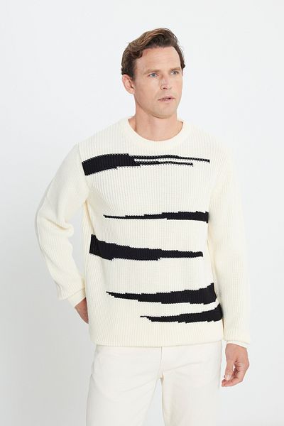 AC&Co / Altınyıldız Classics Ecru-schwarzer Oversize-Strickpullover mit lockerem Schnitt und Rundhalsausschnitt, gemustert, für Herren