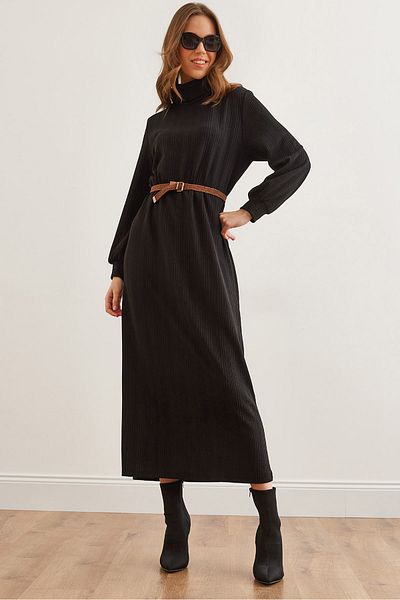 Olalook Γυναικείο φόρεμα με μαύρη ζώνη με ντραπέ Maxi TwistELB- 19002313