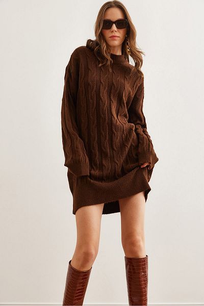 Olalook Women's Bitter Brown Hair Braided Knitwear Tunic DressELB- 19002312