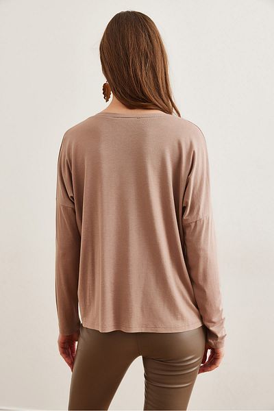Olalook Nerzfarbene, fließende Viskose-Bluse mit Rundhalsausschnitt für Damen BLZ- 19002588