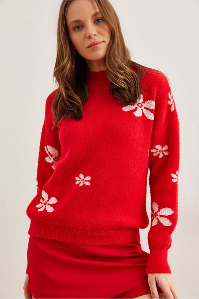 Olalook Damen-Strickpullover mit rotem Blumenmuster und weicher Textur KZK- 19000900