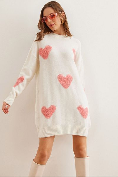 Olalook Women's Ecru Heart Detailed Soft Textured Knitwear Tunic Dresselb- 19002284