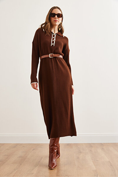 Olalook Women's Bitter Brown Polo Neck Stripe Detailed Maxi Knitwear Dresselb- 19002309