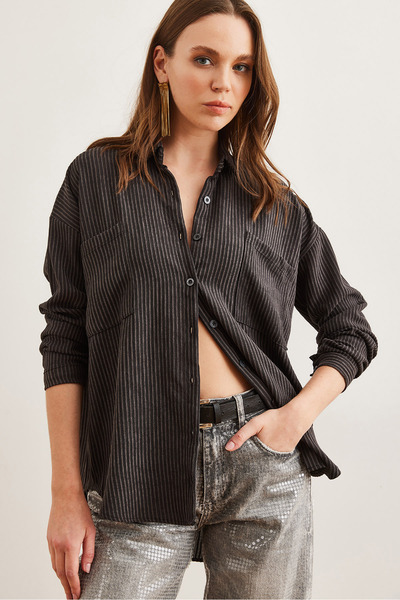 Olalook Kadın Siyah Rahat Kalıp Fitilli Kadife GömlekGML-19001264