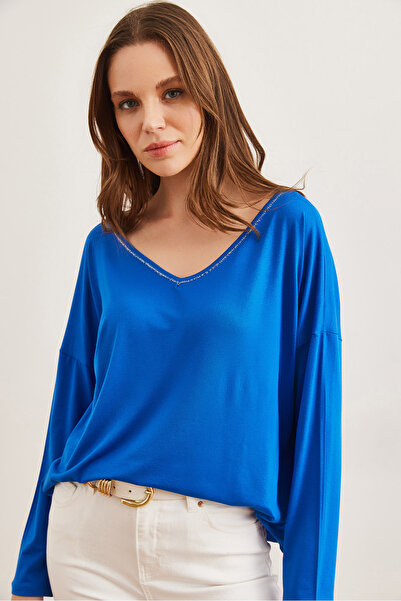 Olalook Kadın Saks Mavi Gümüş Dikiş Detaylı V Yaka Viskon BluzBLZ-19002747